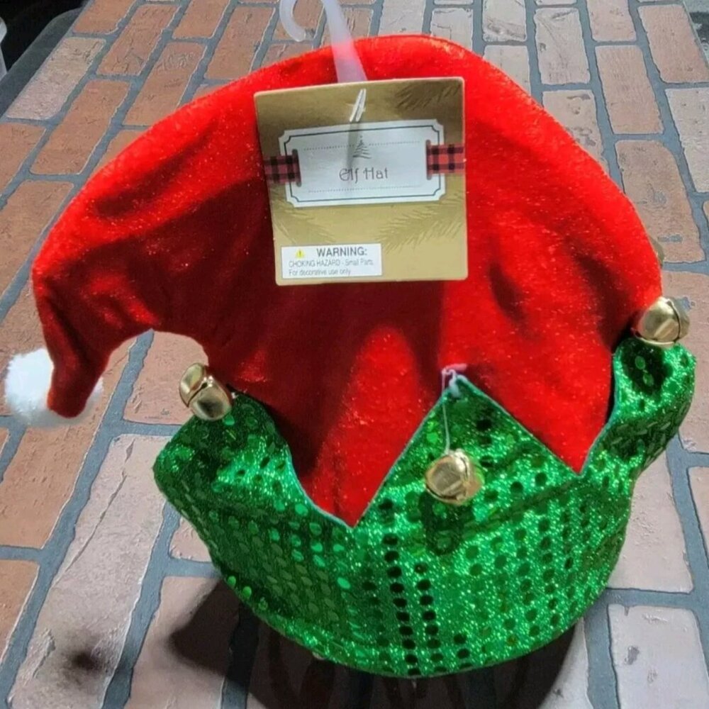 Christmas Elf Hat With Bells and Sequin Cuff   Red and Green with White  Pom Pom